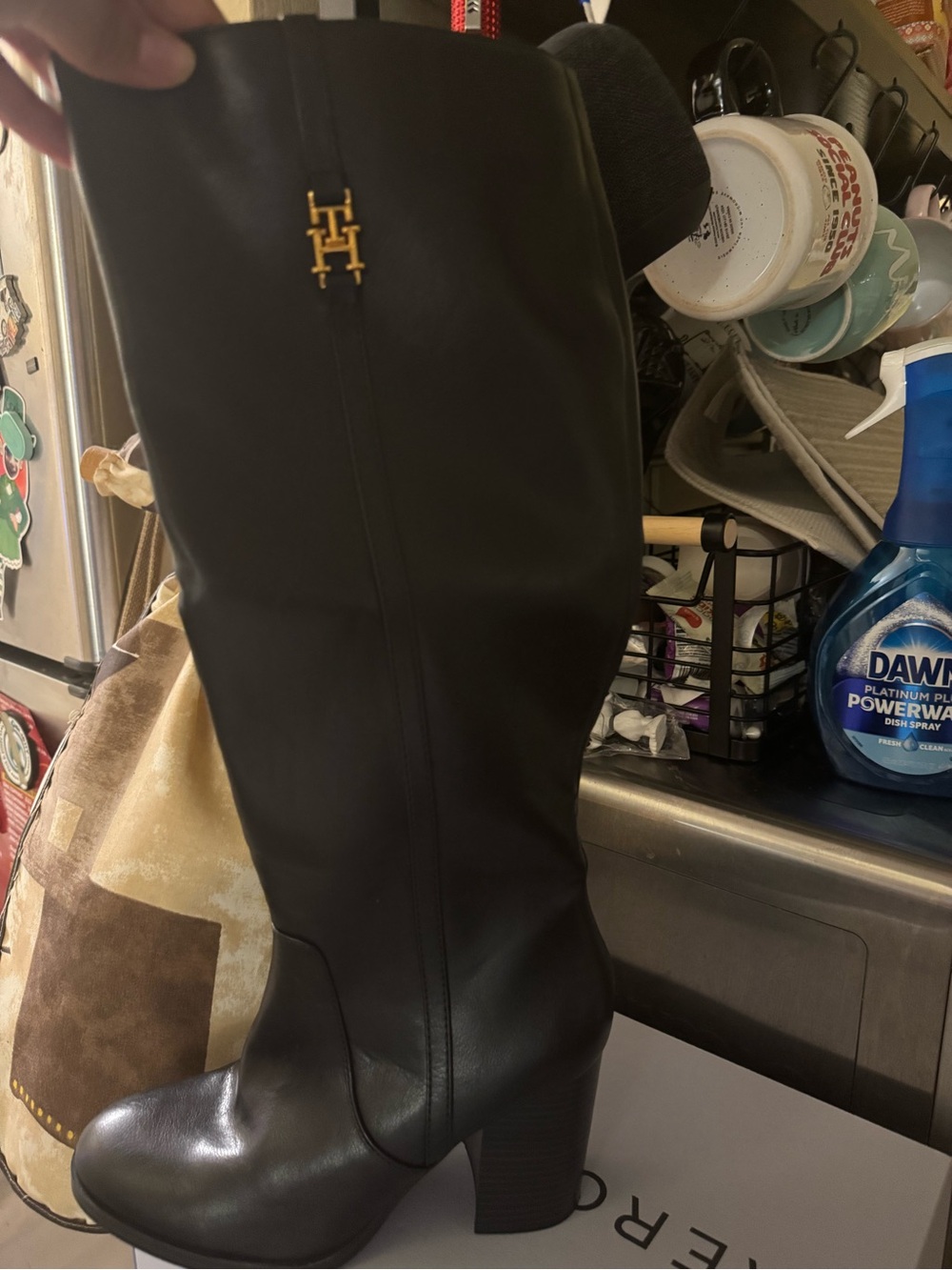 Tommy Hilfiger Black Leather Knee Boots with Gold Logo